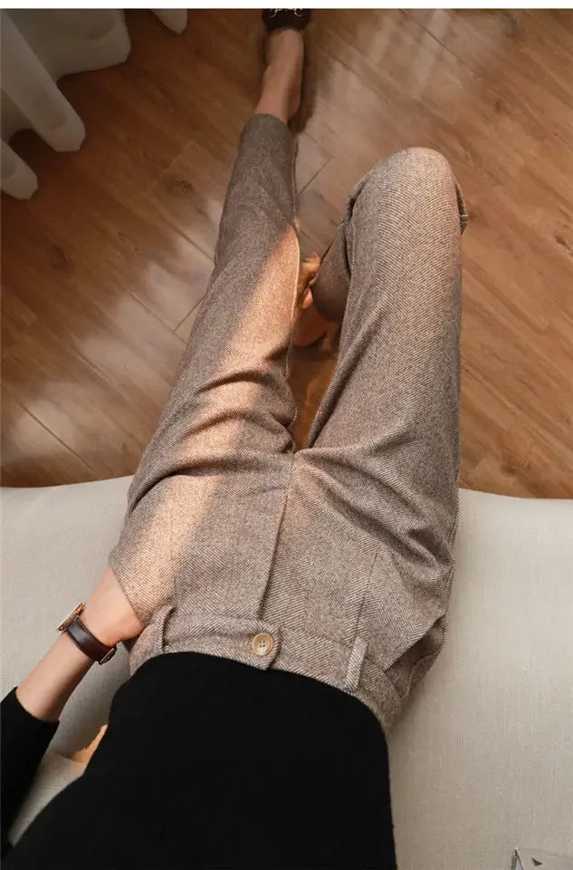 Woolen Pants Women's Harem Pencil Pants 2024 Autumn Winter High Waisted Casual Suit Pants Office Lady Women Trousers - reetell