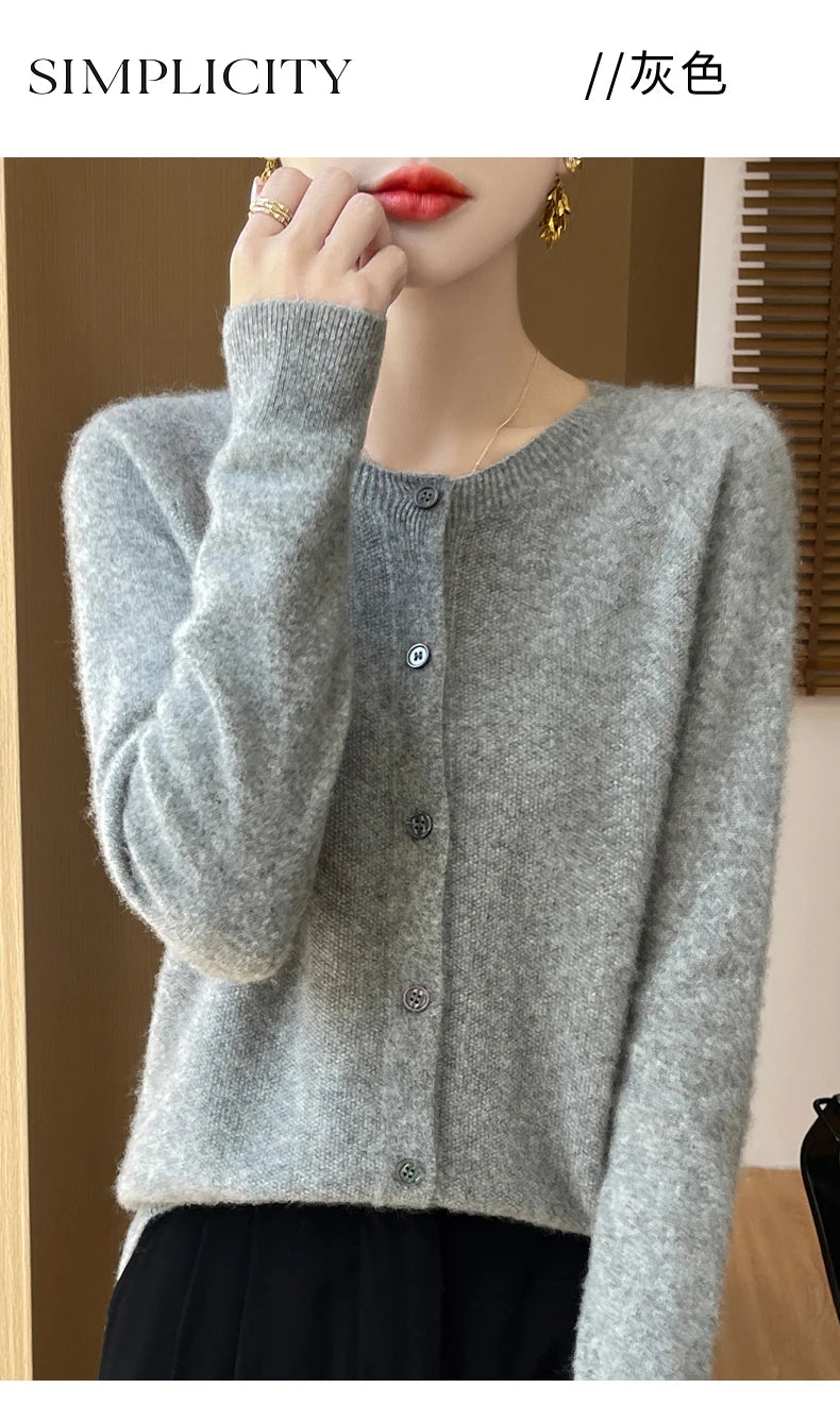 100% Merino Wool Long Sleeve Sweaters Cashmere Cardigan Spring Autumn Women O-Neck Knitwear Tops Clothing Fashion Basic Tops - reetell