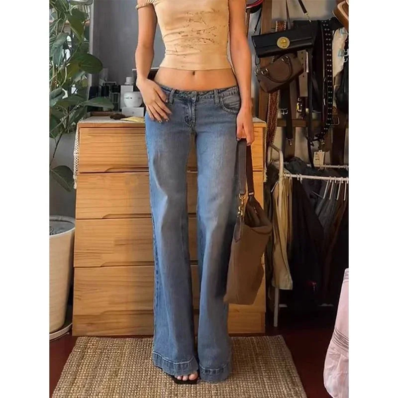 Women's Retro Washed Low Waisted Flared Jeans 2024 New Chic Casual Wide-leg Pants Female Sexy Denim Bell-bottoms Trousers Y2K - reetell