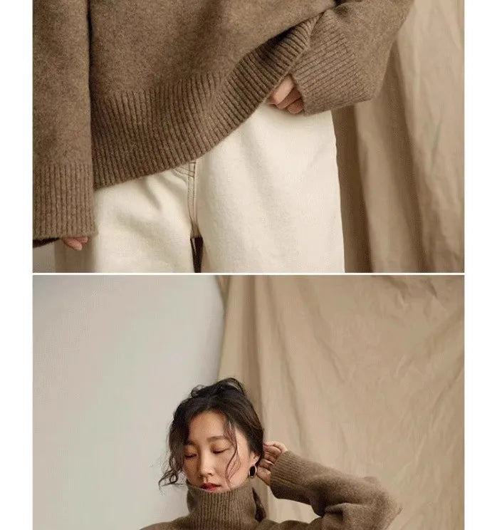 2024 Autumn and Winter New Thick Cashmere Sweater Women High Neck Pullover Sweater Warm Loose Knitted Base Sweater Jacket Tops - reetell