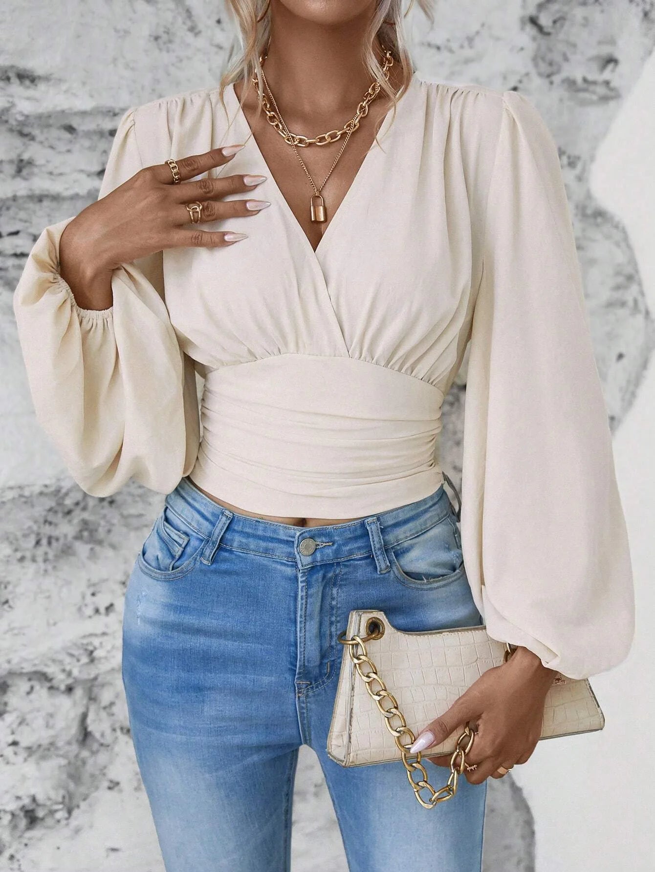 Elegant Lantern Sleeves Crop Top 2024 Spring Autumn New Fashion V-neck Solid Color Ruffled Women's Long Sleeved Black Blouse Y2K - reetell