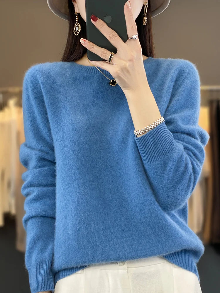 100% Merino Wool Sweater Women  Cashmere Pullover Knitwear Autumn Winter O-neck Solid Color Fashion Basic Female Clothes Tops - reetell