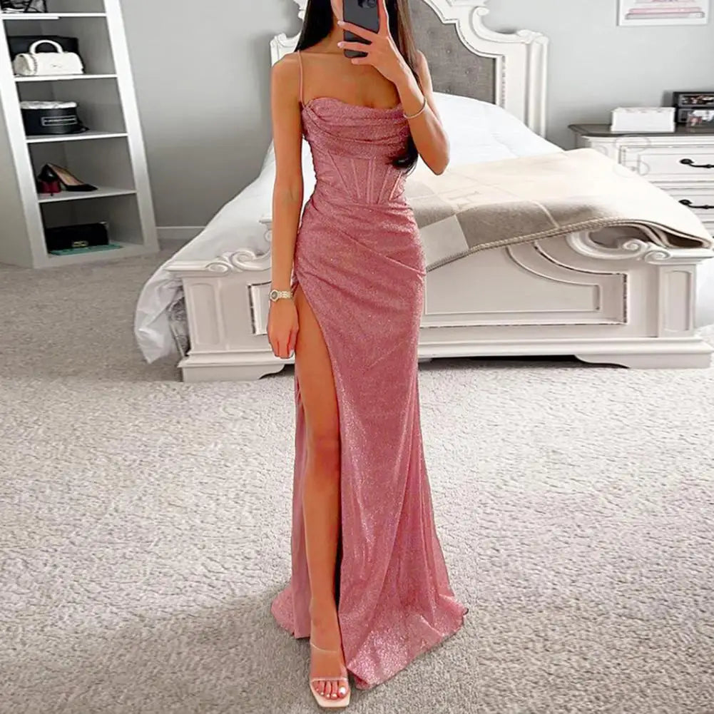 Woman Spring Summer Bodycon Dress Sexy Shiny Sequins Spaghetti Strap Split High Waist Dress Lady Prom Dress Evening Dresses - reetell