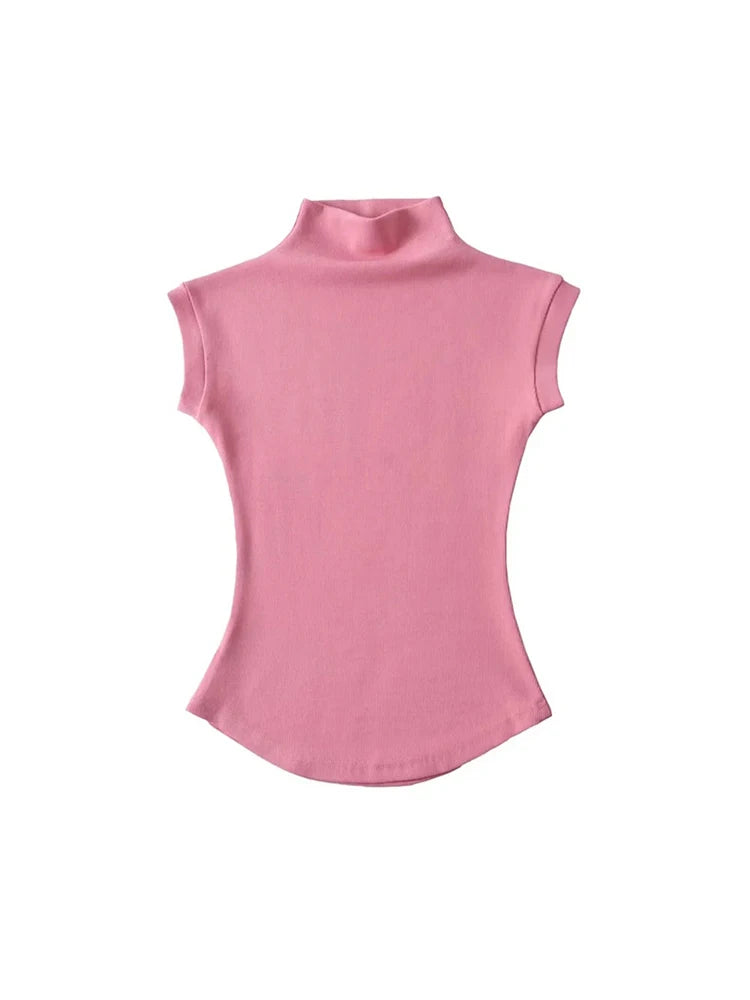 Women Summer Sexy Turtleneck Sleeveless T-Shirts Tops Solid Slim Fit Pullovers Causal Tees Shirts Female Streetwear Basics Tees - reetell