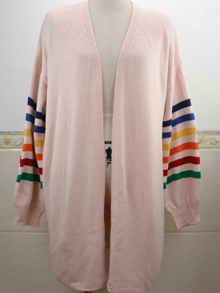 Fitshinling Rainbow Striped Boho Cardigan Winter Long Coat Female Knitwear Pink Slim Sweaters Cardigans For Women Clothes 2022 - reetell