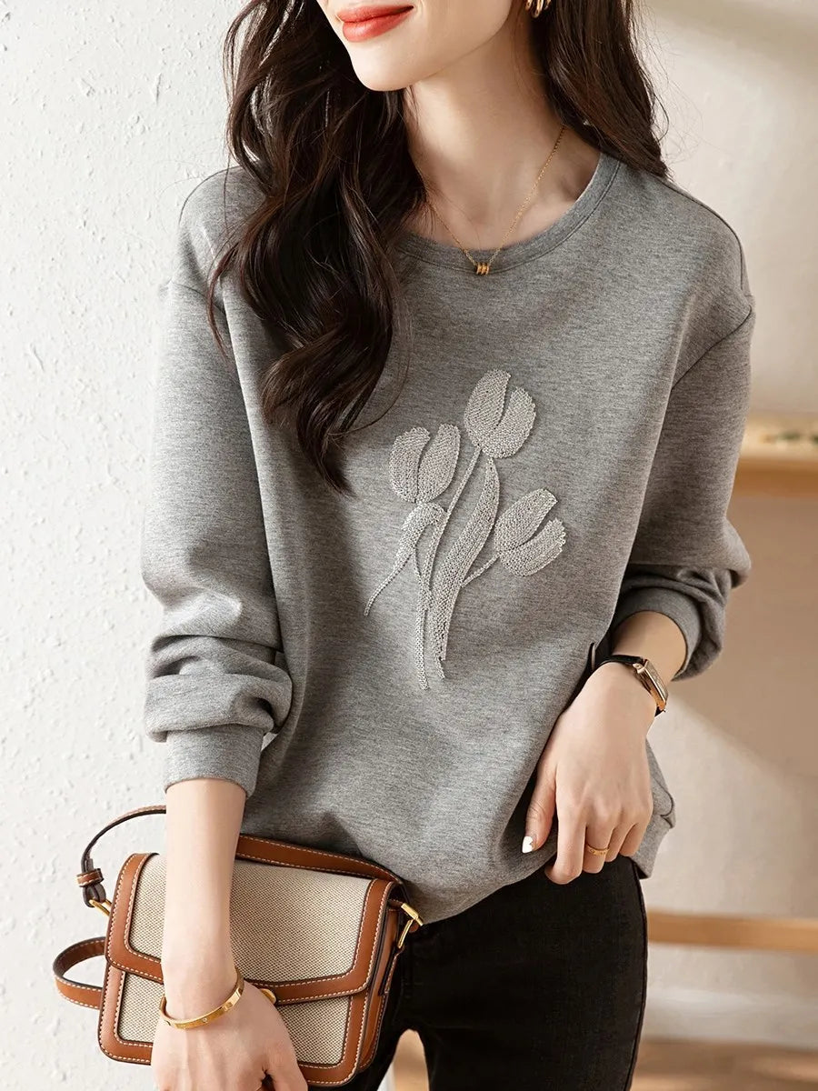 Women's Stereoscopic Flowers Hooded Sweatshirt Casual Round Neck Top Gray Clothes Simple Fashion Autumn - reetell