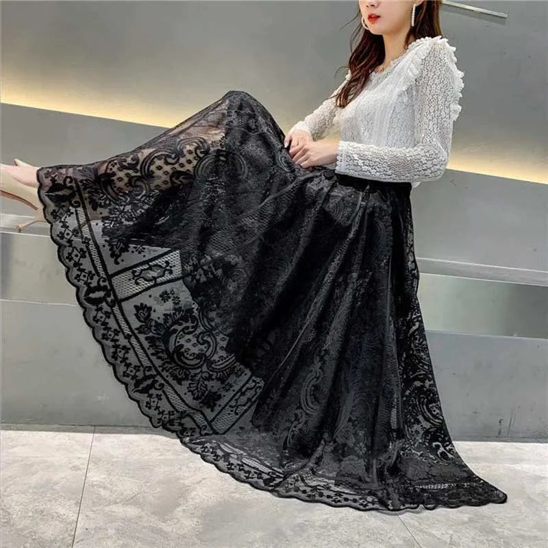 Fashion Elastic Waist Spliced Gauze Lace High Waist Skirt Women's Clothing 2024 Spring New Loose Solid Color Office Lady Skirts - reetell