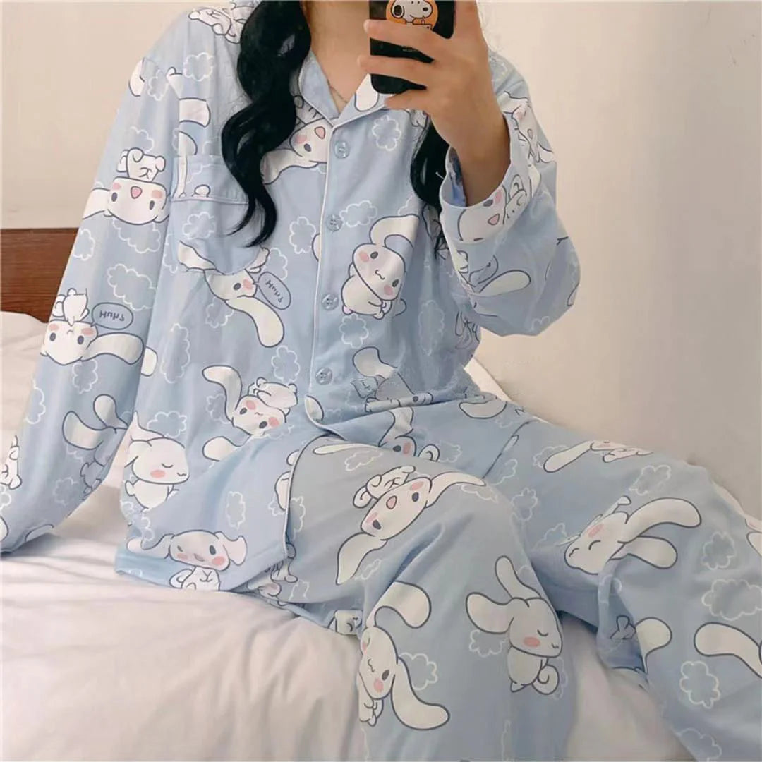 Sanrio Cinnamoroll Cartoon Women's Pajama Y2k Cute Fashion Sleepwear Set Woman 2 Piece Long Sleeve Home Suit For Female 2023 New