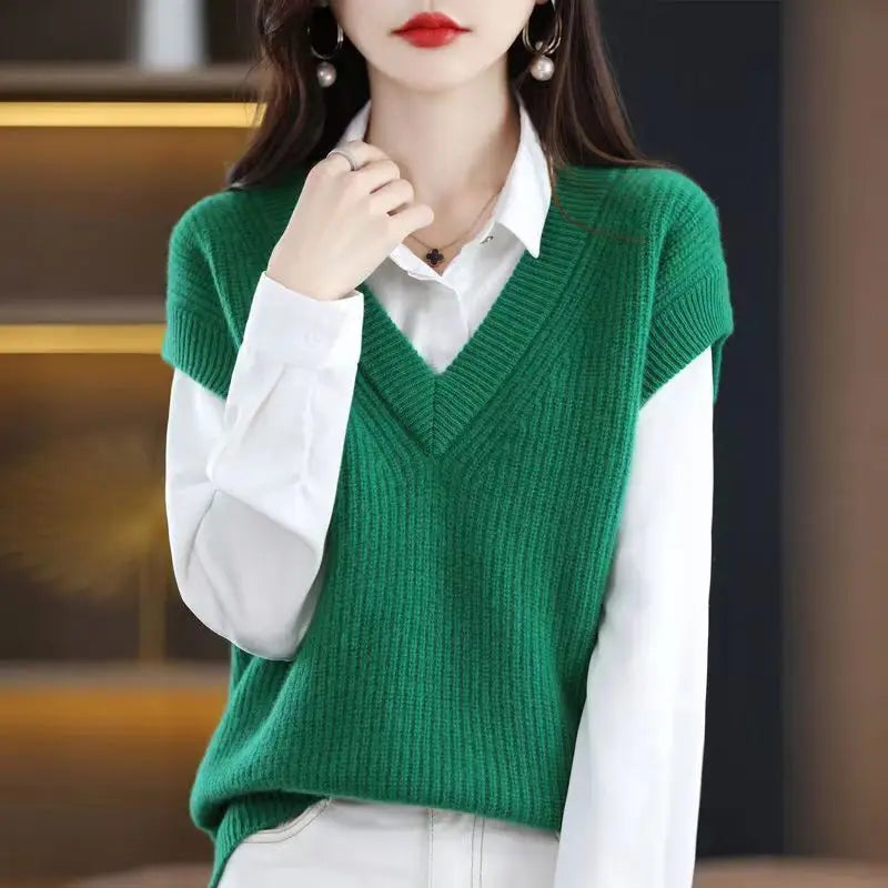 Knitted Jacket Sweater Women's Vest Sleeveless Coat Wool Blended V-Neck Pullover Spring Autumn Fashion Women's Top - reetell