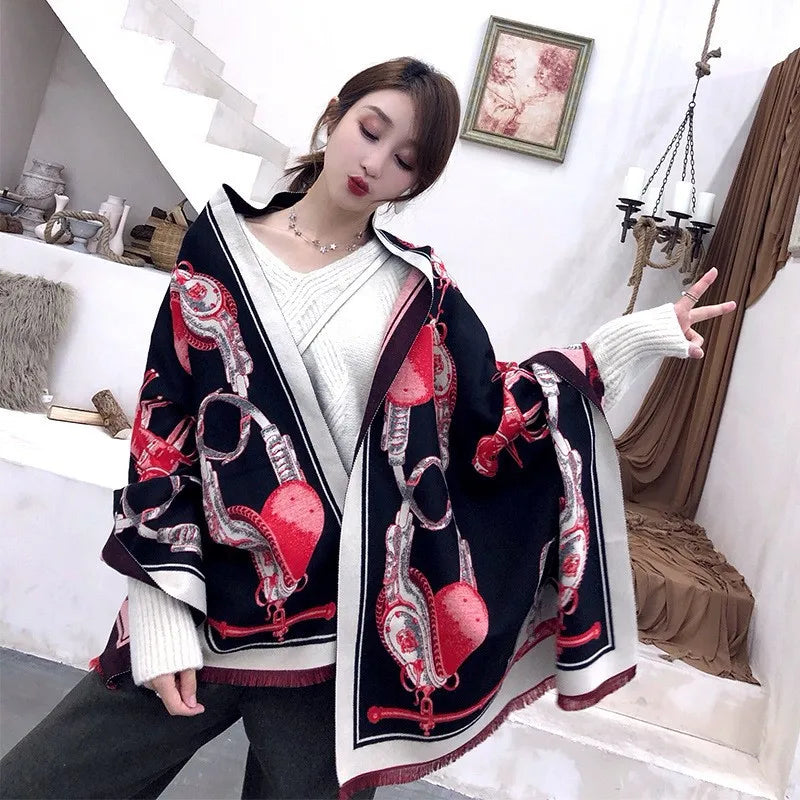 Women's Autumn Winter Horse Pattern Scarf New Luxury Cashmere Feeling Large Blanket Wrap Soft Warm Brand Shawl Retro & Classical - reetell