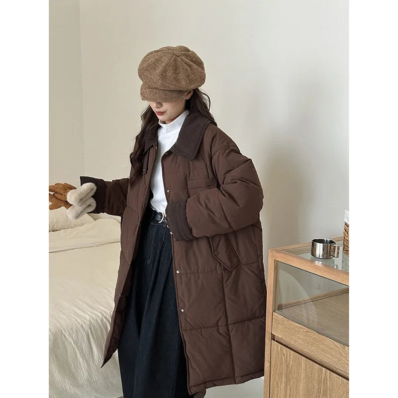 Winter Women's Down Puffer Jackets Baggy Thickening Warm Corduroy Collar Clothing Boutique Clothes Cotton Medium and Long Coats