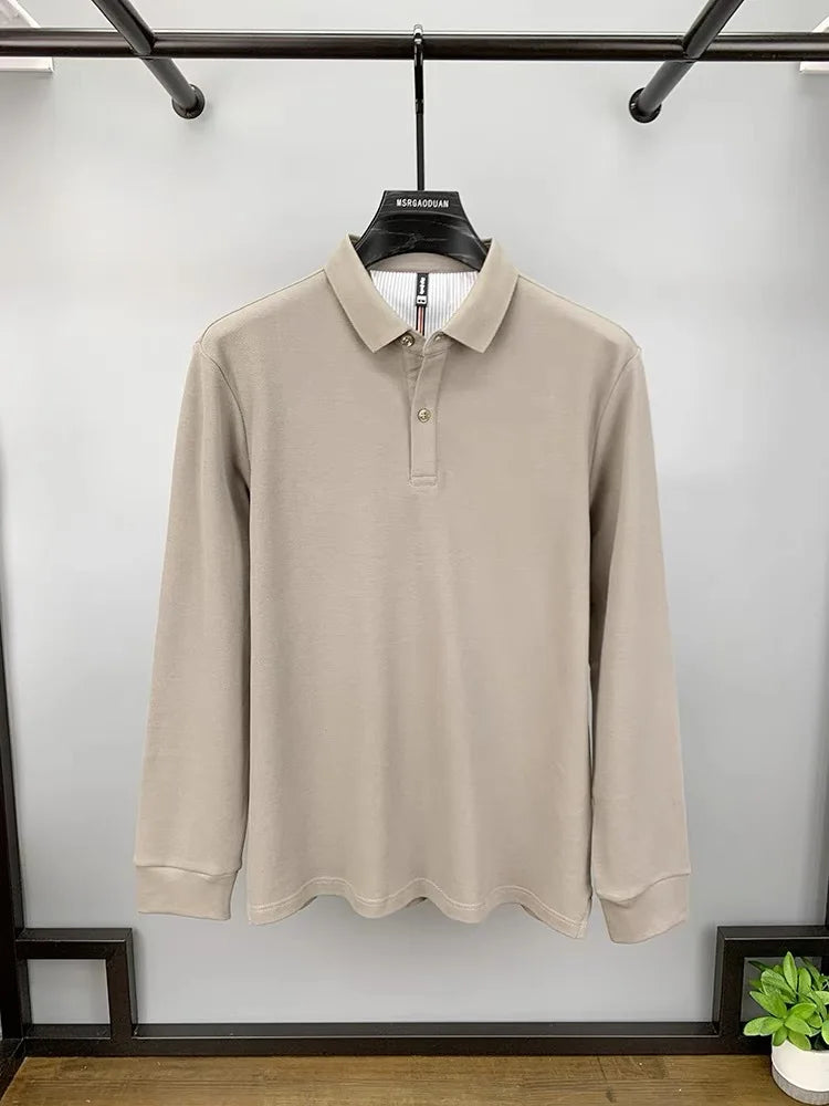 Heavyweight pure cotton high-end Polo shirt, men's spring and autumn new long sleeved T-shirt, solid color top