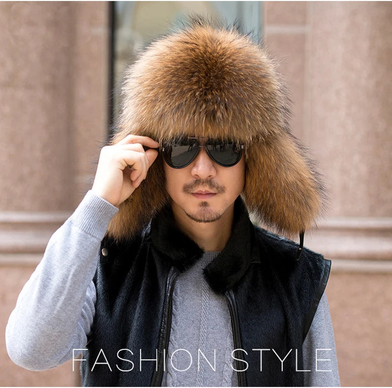 Winter Men's 100% Real Silver Fox Fur Bomber Hat Raccoon Fur Ushanka Cap Trapper Russian Man Ski Hats Caps Real Leather