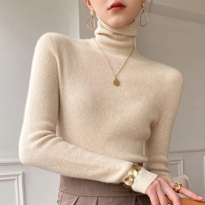 Women Sweater Winter Cashmere Turtleneck Warm Knitwear Korean Casual Solid Bottoming Shirt Fashion Knit Pullovers Brown Sweater - reetell