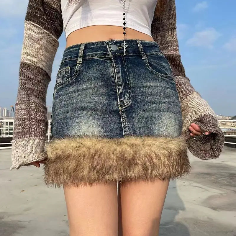 Fashion Fluff Edge Wash Denim Short Skirt Personalized Versatile Spice Girl Skirt Y2k Retro Low Waist Sexy Slim A-line Skirt - reetell