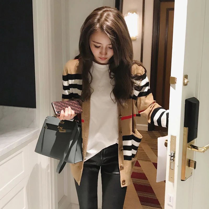 Women Striped Knitted Cardigan Fall Winter Loose Korean Sweater Casual Fashion Office Lady V Neck Single Breasted Design Top - reetell