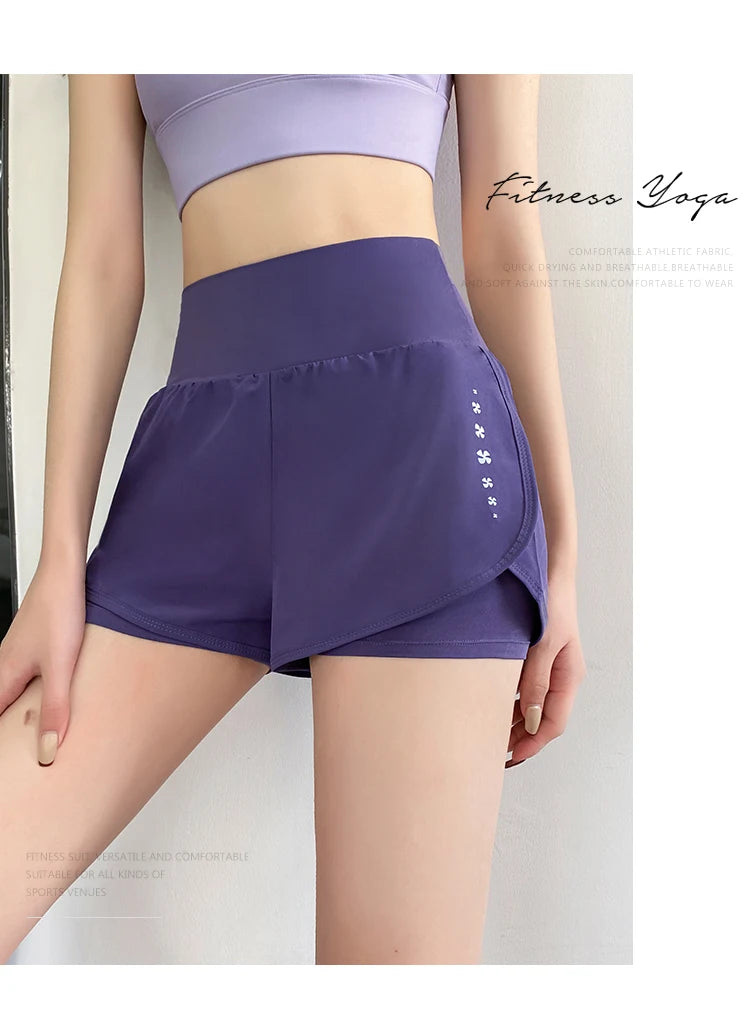 Gym Sport Shorts Women Elastic High Waist Short Pants With Pockets Fake Two Pieces Yoga Leggings Running Training Shorts - reetell