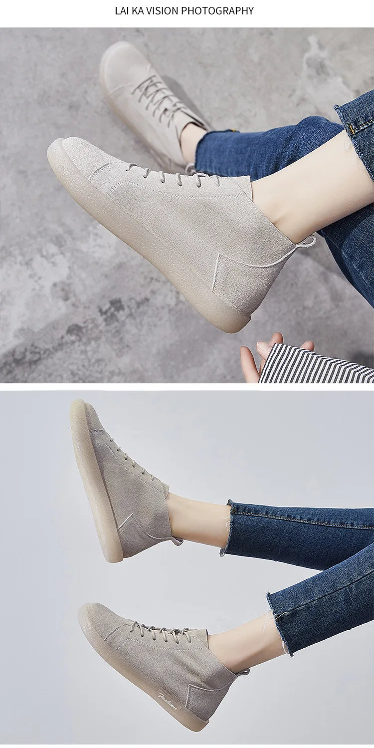 Soft Sole Single Shoes Spring and Autumn Flat Sole Women's Shoes Retro Single Layer High Top Frosted Leather  Ankle Boots Women