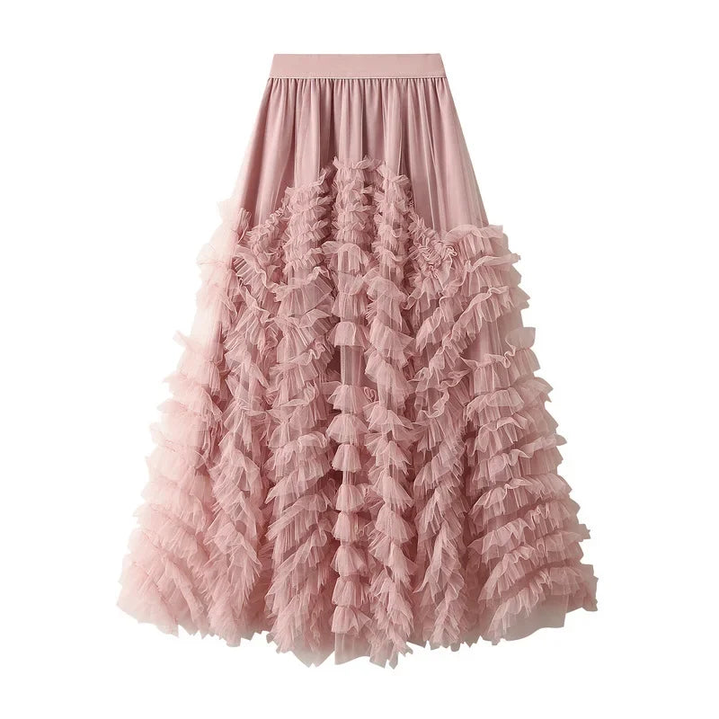 Fashionable Tiered Tulle Maxi Skirt for Women 2024 New Elegant High Street A Line High Waist Mesh Long Skirt Female Pink - reetell