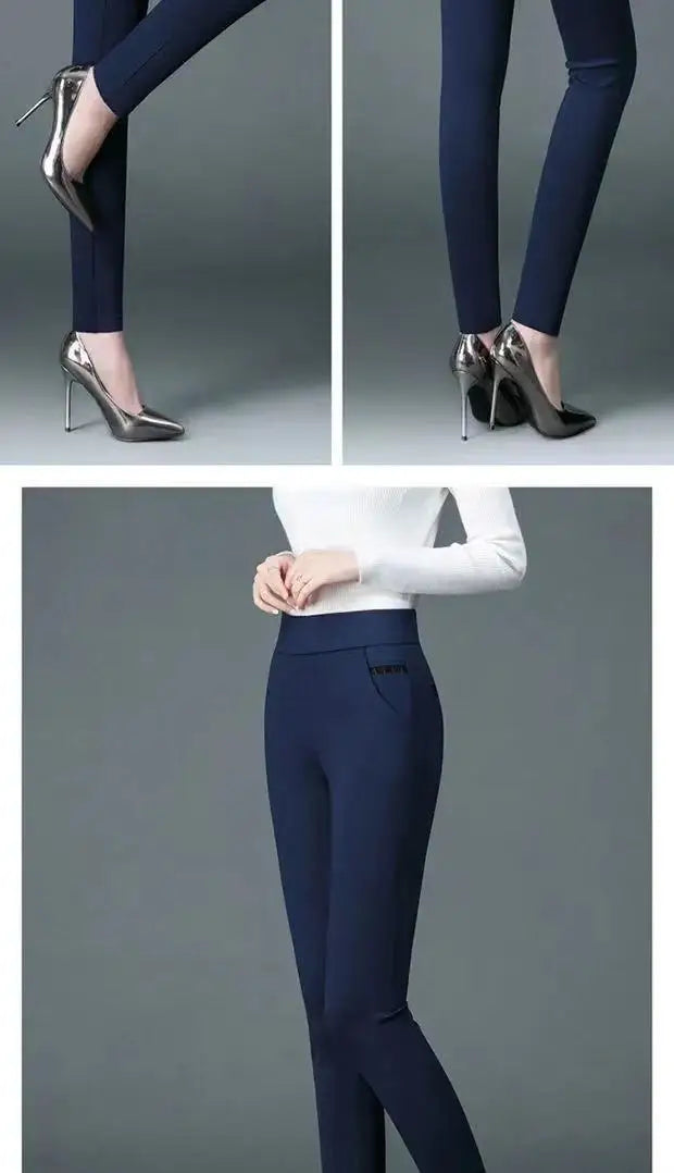 Office Lady Slim Pencil Pants Spring Autumn High Waist Elastic Pockets Solid Elegant Women Casual Fashion Straight Trousers 2022 - reetell