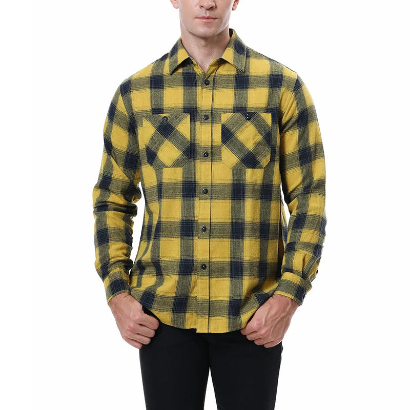 2023New Men Casual Plaid Flannel Shirt Long-Sleeved Chest Two Pocket Design Fashion Printed-Button