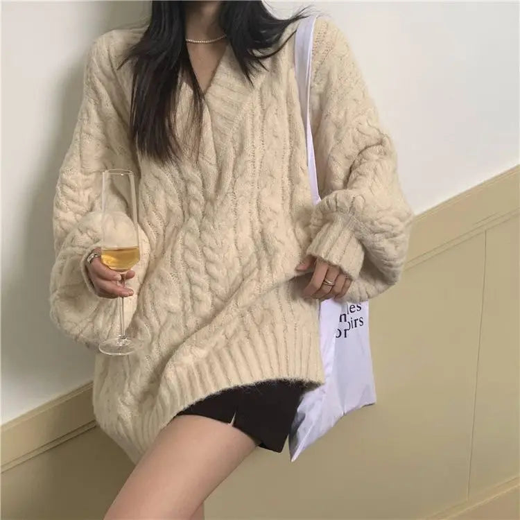 Women's Autumn and Winter Fashion Loose Outer Wear Lazy Style Niche Warm Knit Sweater Top - reetell