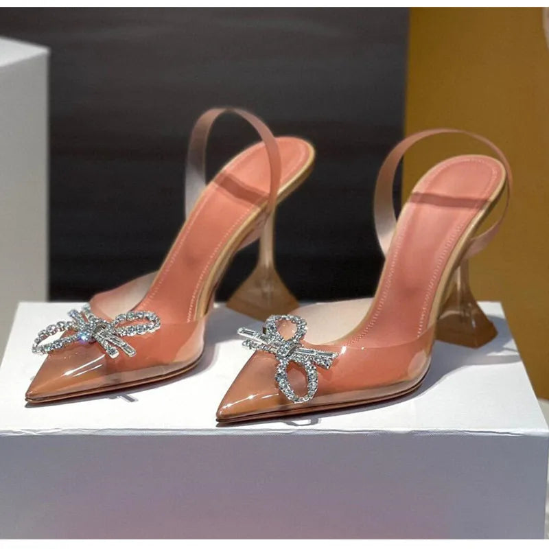 Fashion Transparent Soft PVC Women Pumps Luxury Rhinestones Bowknot Slingbacks High heels Spring Summer Wedding Party Shoes