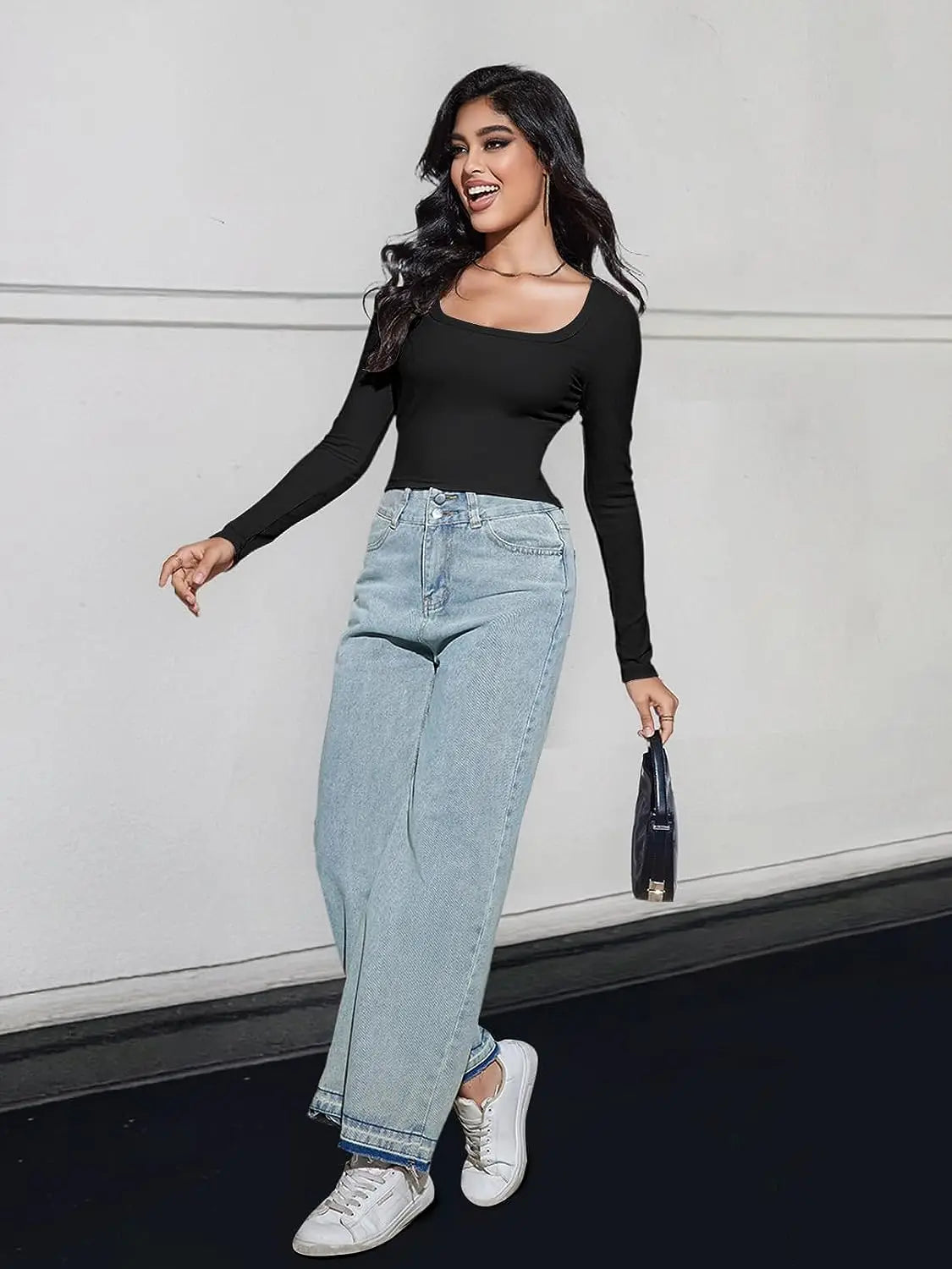 Women's Long Sleeve Square Neck Crop Top Ribbed Slim Fitted Y2K Casual T-Shirt Tops - reetell