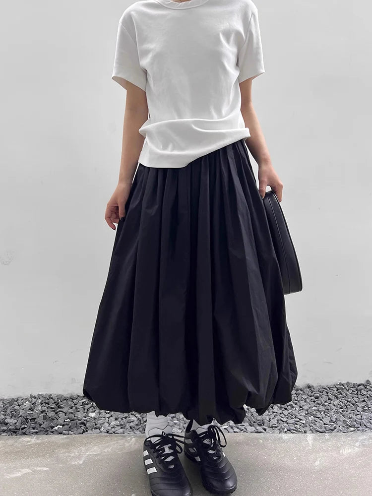 HOUZHOU Long Skirt Women Elegant Solid Elastic Waist A-line Vintage Korean Fashion Loose Balloon Maxi Skirt Casual Streetwear - reetell