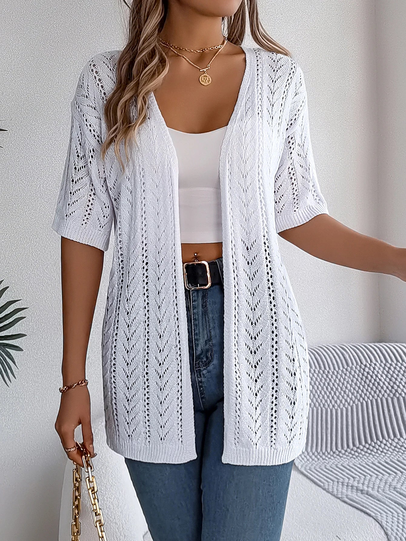 Casual Solid Color Short Sleeve Hollow Knitted Cardigan For Women - reetell