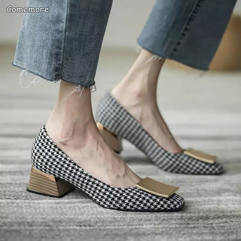 Comemore Trend 2023 Square Heels Women's Summer Footwear Office Black Medium Heel Casual Pumps Slip-on Luxury Shoes for Woman 34