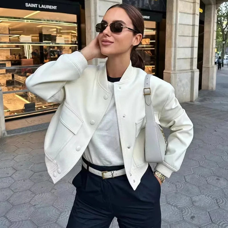 TRAF Woman Bomber Jacket Coat White Autumn Winter Button Baseball Aviator Cropped Jackets for Women Long Sleeve Crop Outerwear - reetell