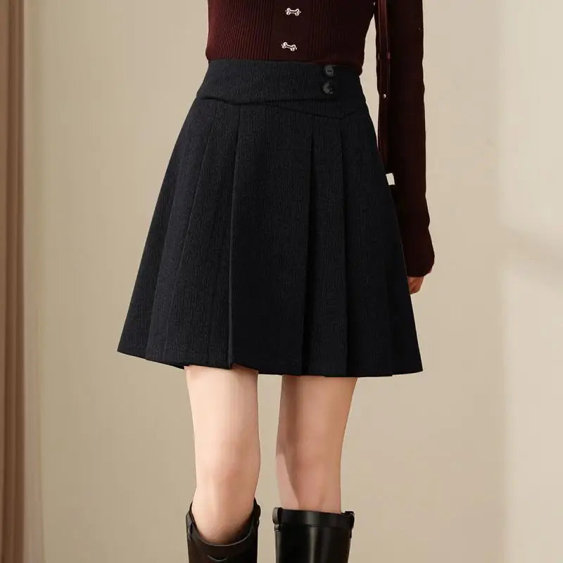 Deeptown Preppy Style Pleated Wool Skirt Women Elegant Grey Sweet Mini Skirts Vintage Solid A-line Casual Autumn Short Skirts - reetell