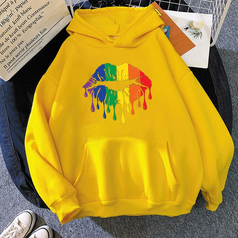 Women'S Winter Autumn Fashion Hooded Casual Long Sleeve Lgbt Pride Rainbow Lips Hoodies Sweatshirts Loose Pullover - reetell