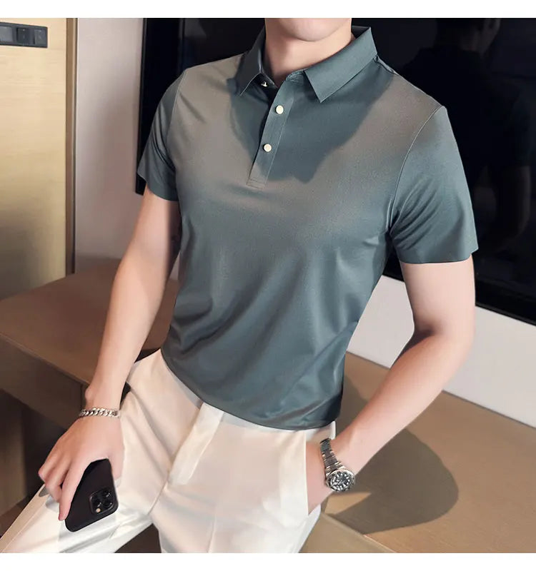 Ice Silk Traceless T-shirt Men's  Business Casual Solid Color Half Sleeve High Elasticity Top Silk Smooth Breathable POLO Shirt