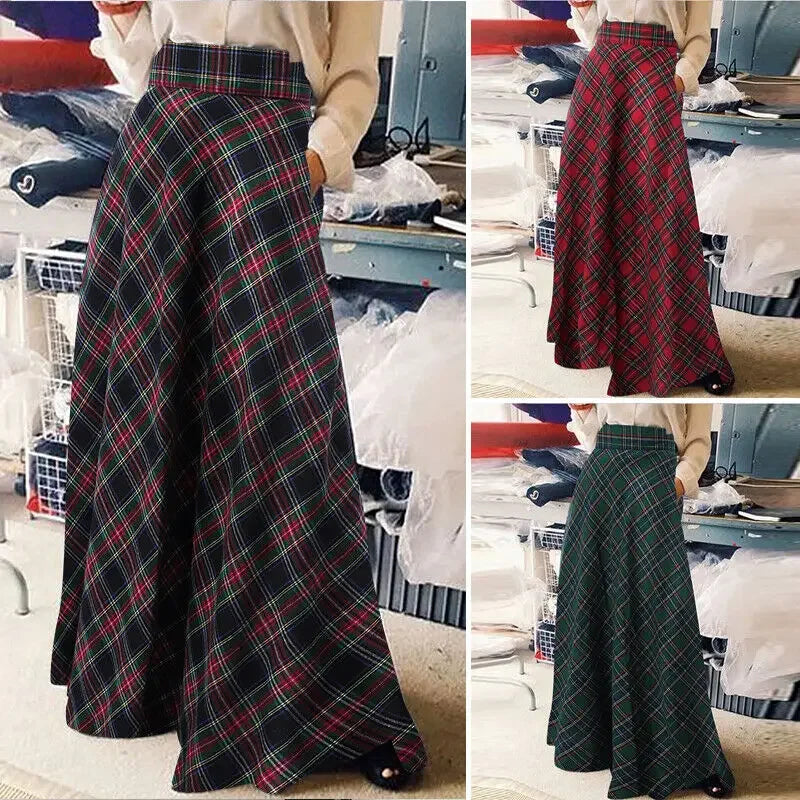 Autumn Winter Women Skirt Korean Style Retro Plaid A-line Skirt Fashion Loose High Waist Stretch Party Long Skirt S-5XL(UK 8-24) - reetell