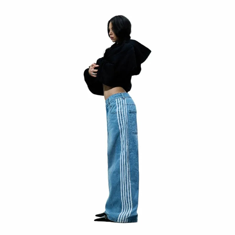 Streetwear Jeans Y2K Gothic Hip Hop Striped Embroidered Retro Blue Baggy Jeans Mens Womens High Waist Wide Leg Trousers Clothes - reetell