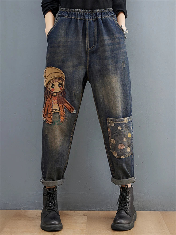 6537 Cartoon Litter Girl Embroidery Denim Pants For Women Trendy Hole Casual High Waist Breeches Pockets Mom Harem Blue Jeans - reetell