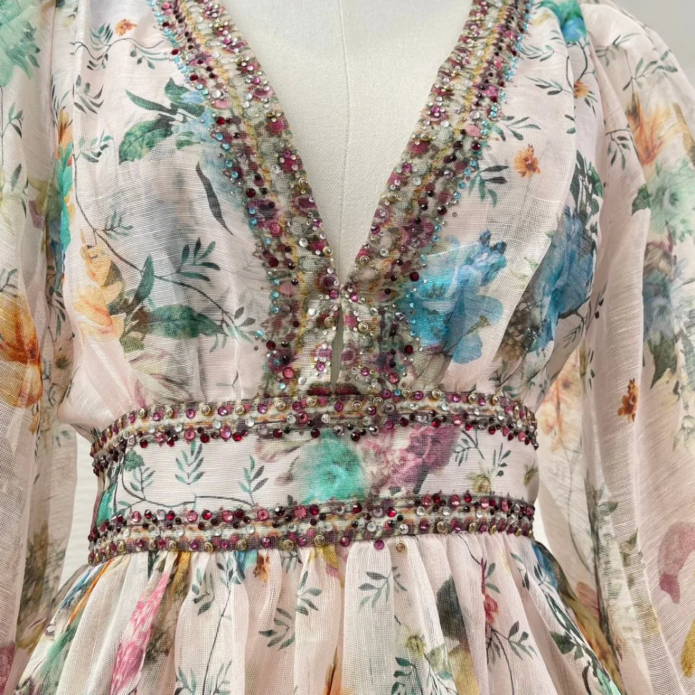 2024 New Collection Multicolor Floral Print 3/4 Sleeve Diamonds Pressed Deep V-neck High Quality Linen Silk Women Mini Dress - reetell