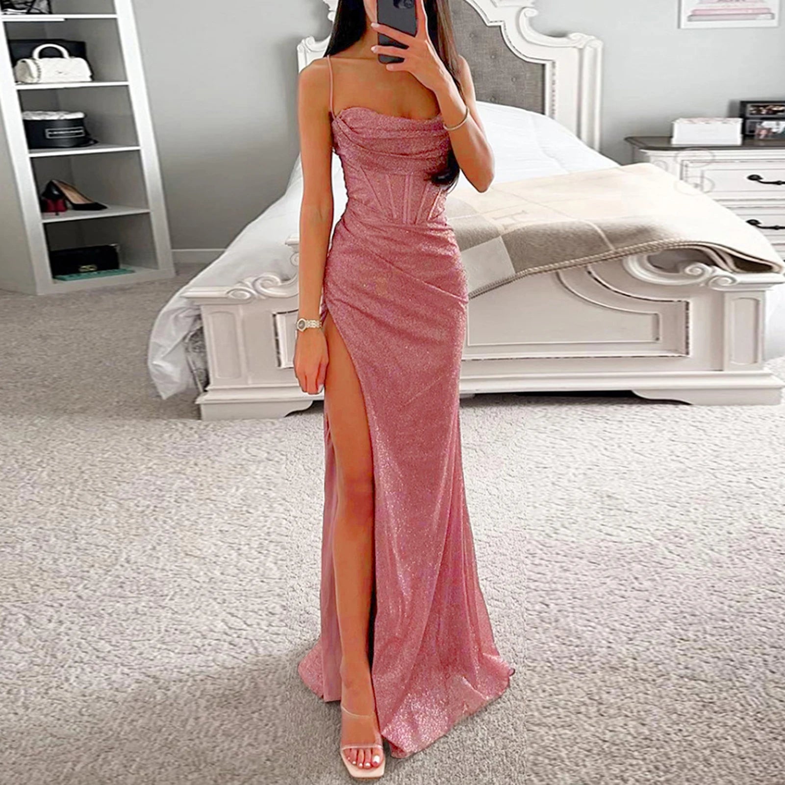 Off-shoulder Gown Dress Elegant Sequin V-neck Maxi Dress for Evening Party Prom Off Shoulder Slim Sexy Split Long Dress - reetell