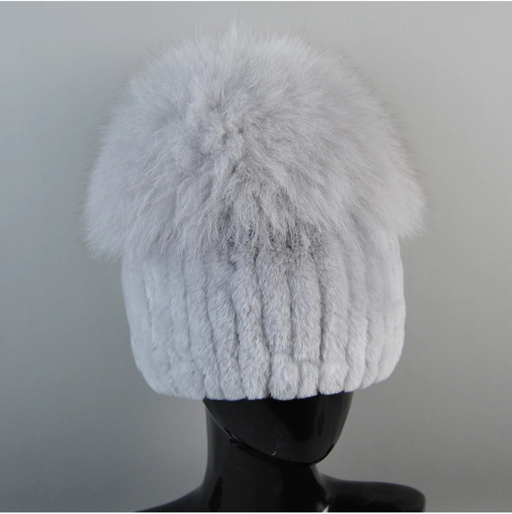 2024 Lady Winter Real Fur Hats Women Warm Knitted Genuine Rex Rabbit Fur Hat Top Natural Fox Fur Bomber Caps Rex Rabbit Fur Cap - reetell