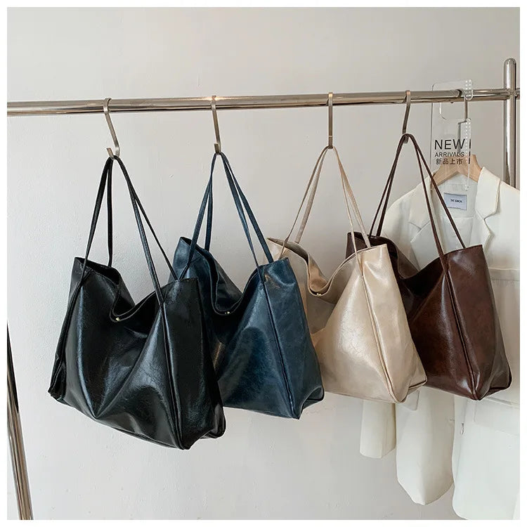 Women Tote Bag Fashion Underarm Pouch Large Capacity Soft Pu Leather Shoulder Bag Retro Crossbody Bag Casual Portable Bucket Bag