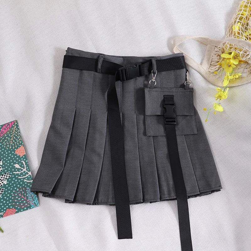 Zoki Harajuku Belt Pleated Cargo Skirt Women Fashion Gothic High Waist Pocket Mini Skirts Fashion Summer Lady A Line Black Skirt - reetell