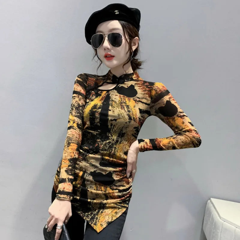 #8140 Tie Dyed Printed T Shirt Women Chinese Style Vintage Asymmetrical T Shirt Female Long Sleeved Stand Collar T-shirt Femme - reetell