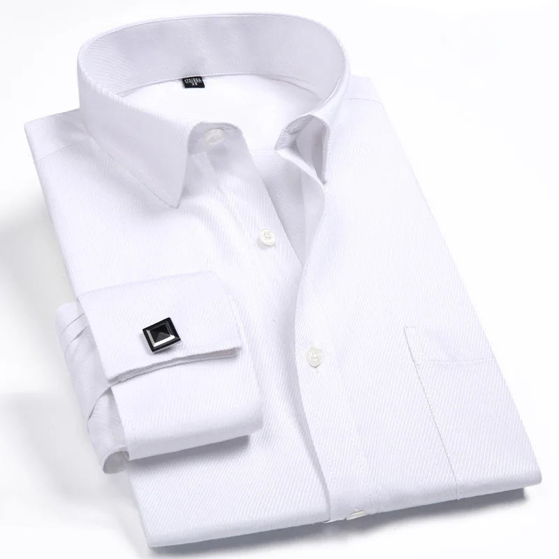 Men's French Cuff Dress Shirt 2023 New White Long Sleeve Formal Business Buttons Male Shirts Regular Fit Cufflinks Shirt M~6XL