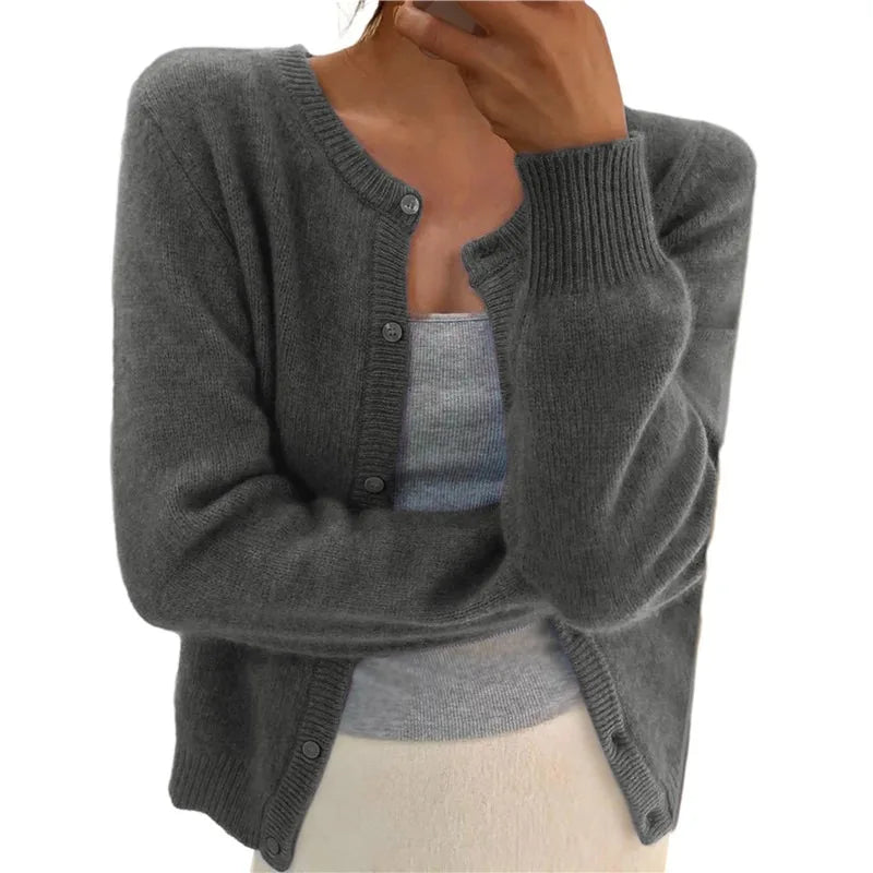 Solid Color Knitted Cardigan Women Korean Single Breasted Long Sleeve Jumper Woman Round Neck All Match Cardigans Outwear 2024 - reetell