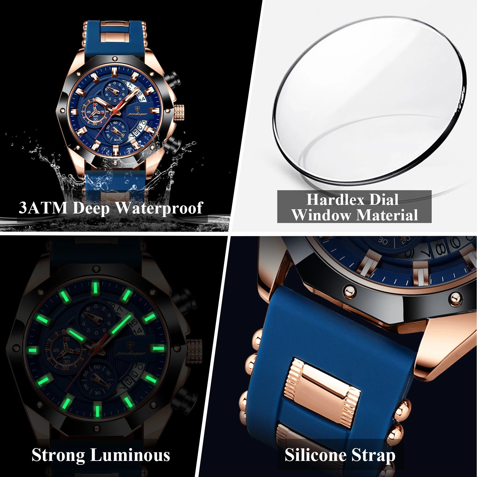 POEDAGAR Luxury Military Men Watch Waterproof Luminous Date Sport Man Wristwatch Chronograph Silicone Strap Quartz Men's Watches