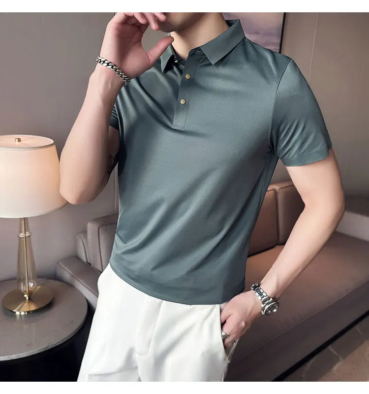 Ice Silk Traceless T-shirt Men's  Business Casual Solid Color Half Sleeve High Elasticity Top Silk Smooth Breathable POLO Shirt