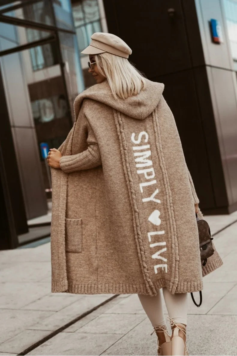 Letter Hooded Cardigan Knit Sweater Women Autumn Winter Loose Long Sleeve Coat Long Knitted Jacket Pocket Overcoat Office Lady - reetell