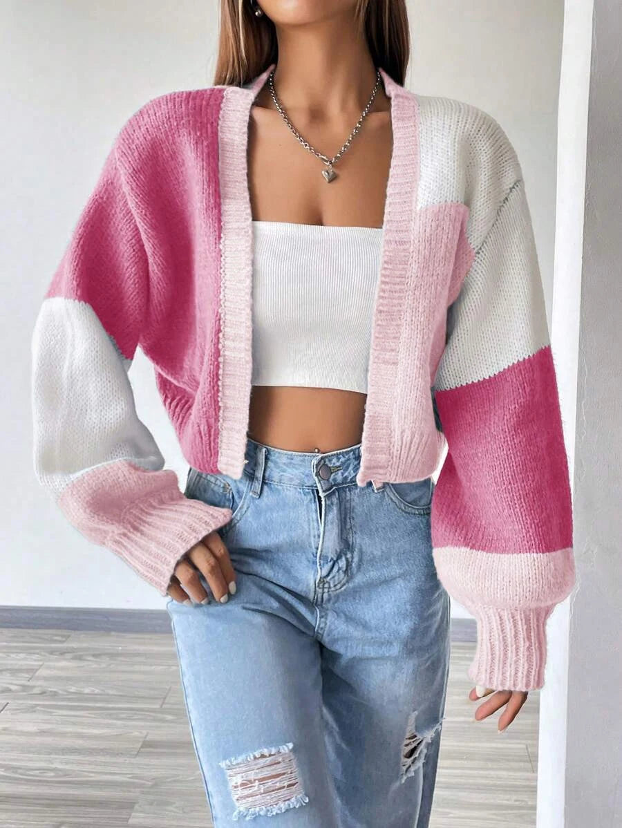 Color Block Open Front Knit Cardigan Casual Lantern Sleeve Crop Sweater Women's Clothing - reetell